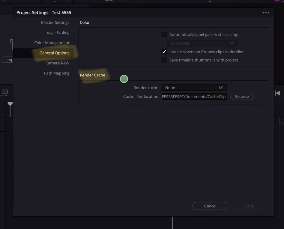 Change Cache File Location in Project Presets