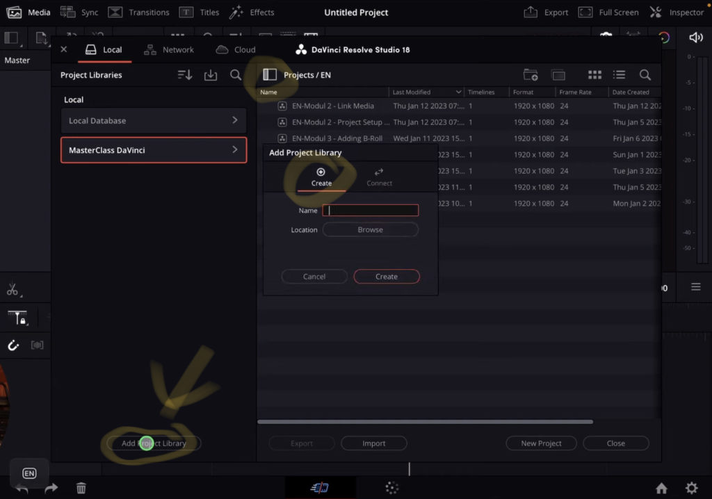 Create New Project Library in DaVinci Resolve iPad