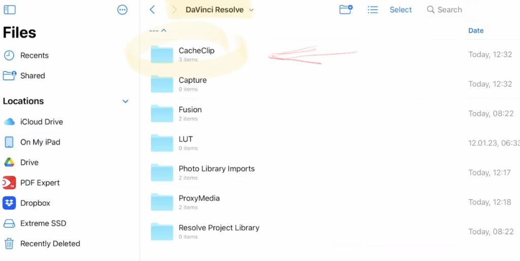 Delete Cache Files in DaVinci Resolve iPad Folder