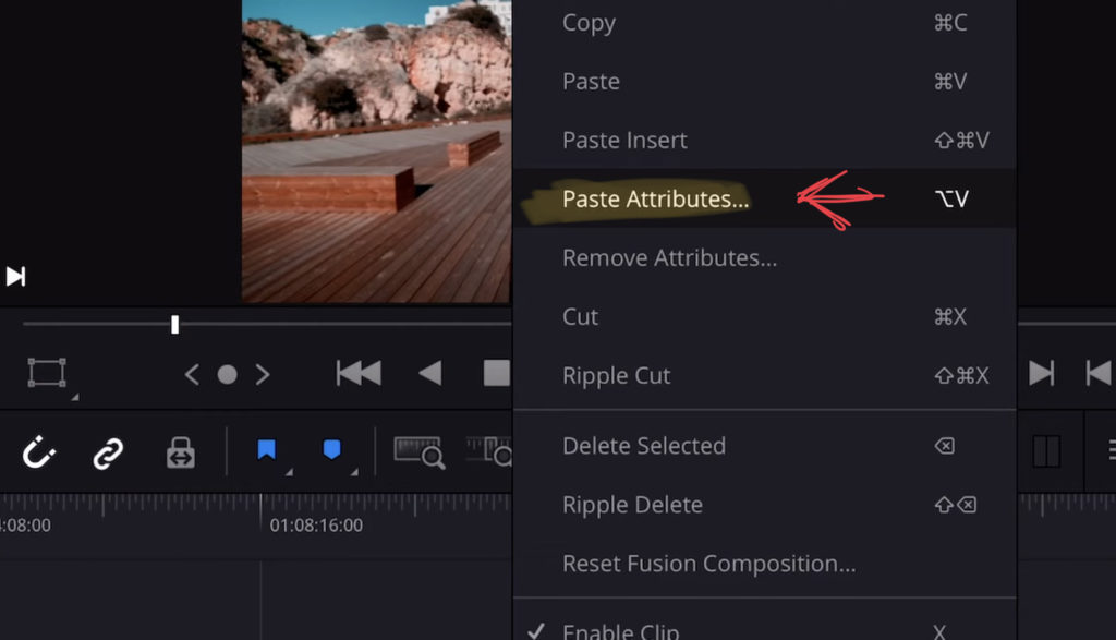 Paste Attributes from the Drop Down Menu