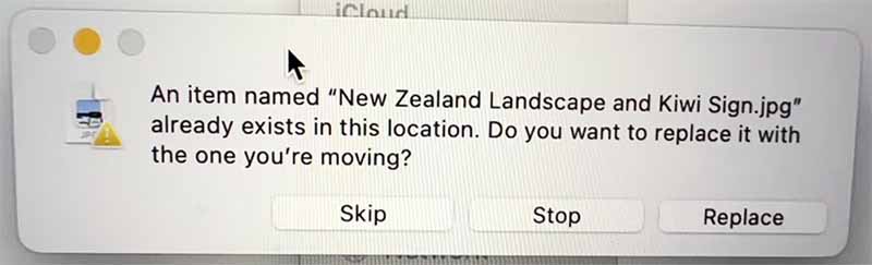 An item named “xy.jpg” already exists in this location. Do you want to replace it with the one you’re moving? - Skip Option