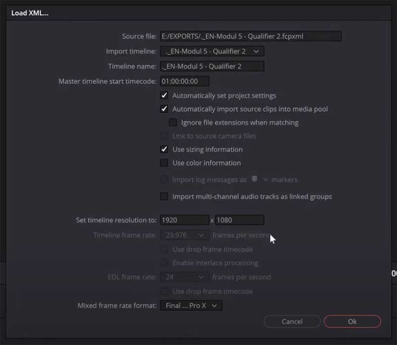 XML Settings before import to DaVinci Resolve