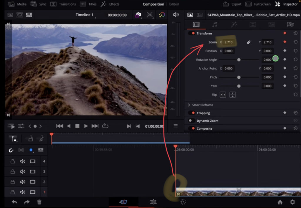 Add a Keyframe on the Start of your Clip Zoomed In