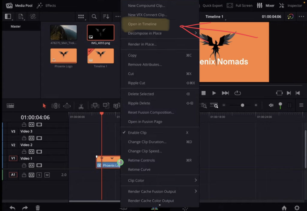 Step 1: Right Click on the Compound Clip “Open in Timeline”