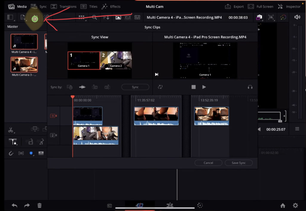 Click on the Link Icon for Sync Multicam media in DaVinci Resolve iPad
