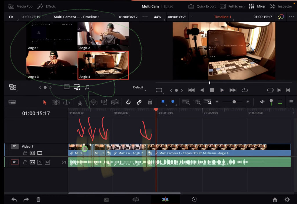 You can make cuts to your timeline in real time using the Multicam Viewer.