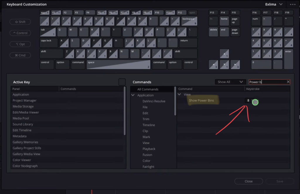 Give show power bin a shortcut