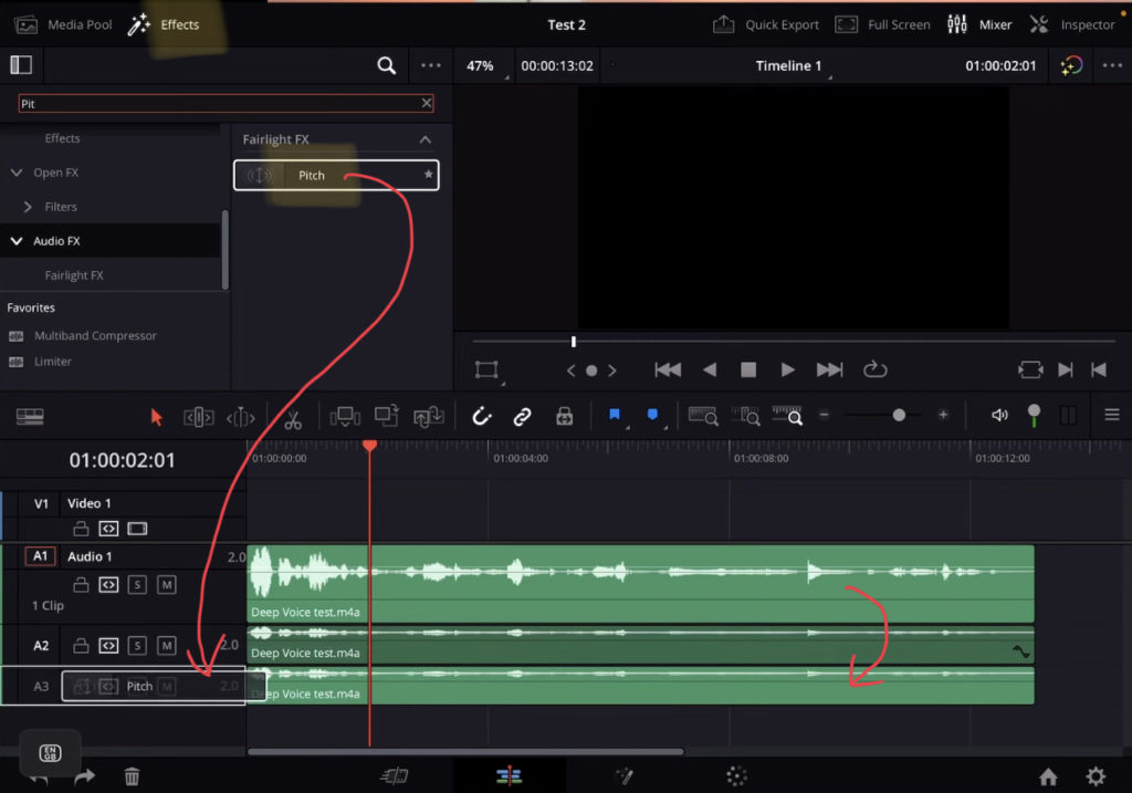 Create a another duplicate from the first Voice Clip and add the Pitch Sound Effect to the complete third audio track.