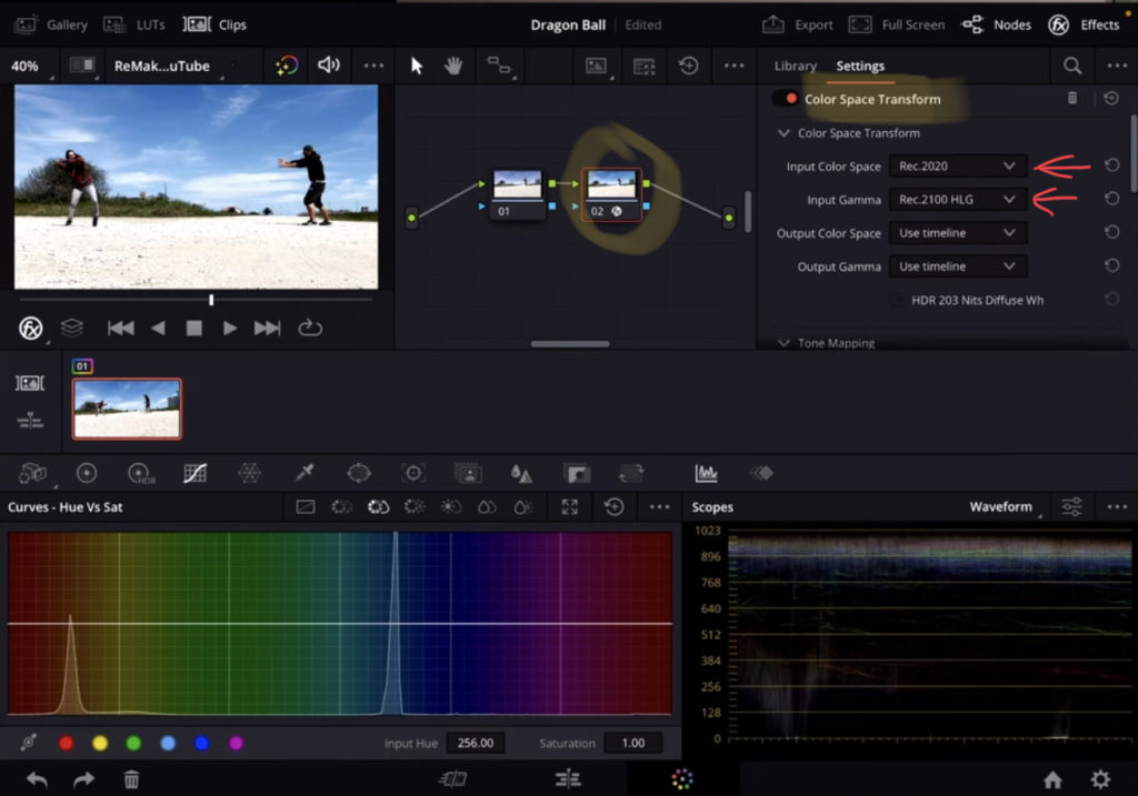 First Node: Color Space Transform to adjust the iPhone HDR Video to a Rec 709 Timeline.