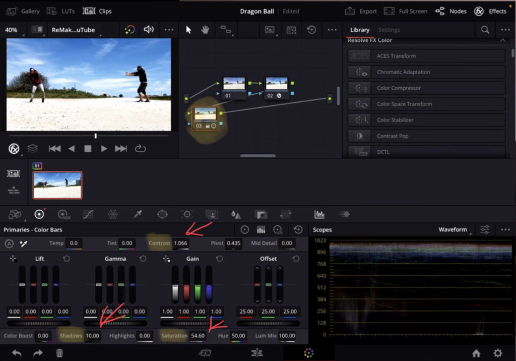 Second Node: Some Color Correction. Contrast, Shadows and Saturation