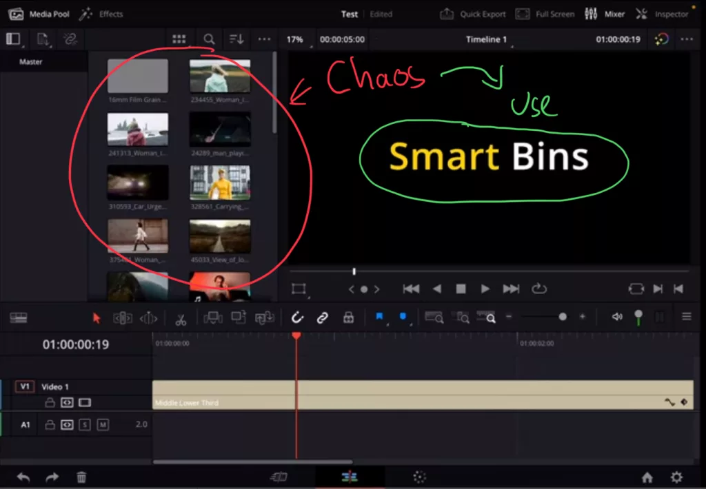 Without Smart Bins all the Media in the Media Pool is chaos. To create order use Smart Bins.