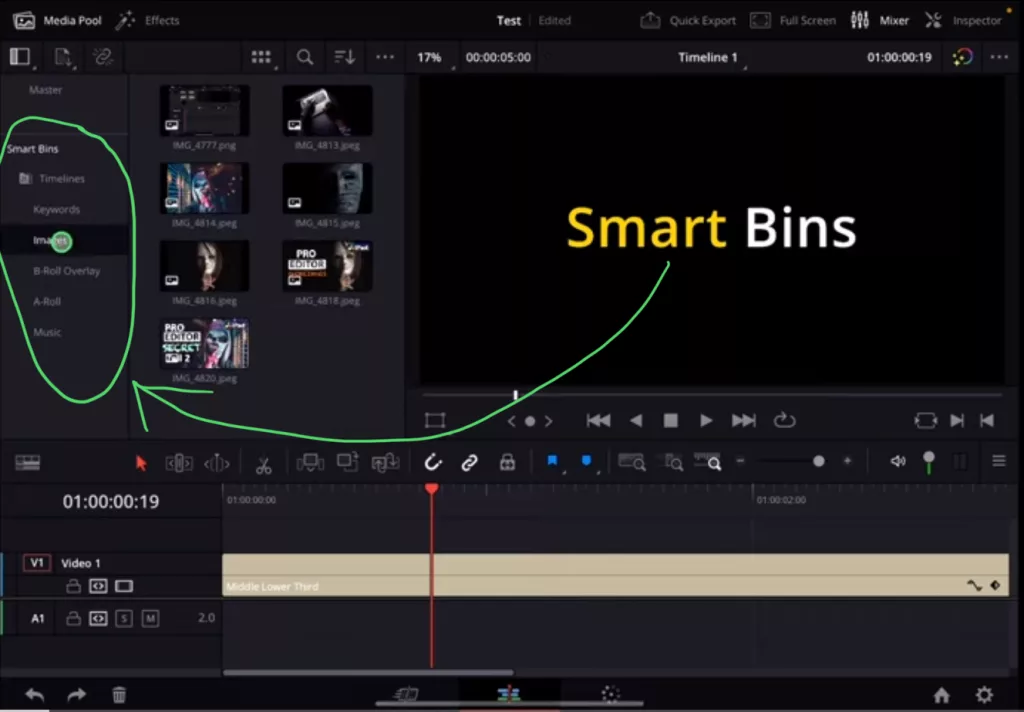 Smart Bins are sorted and filtered bins automatically generated by DaVinci Resolve for you.