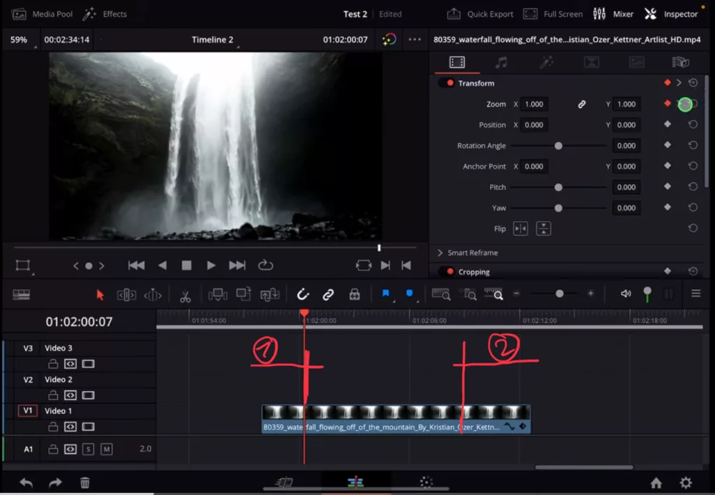 Simple Push In Animation between two Keyframes. First Keyframe starts from the wide angle and increases the zoom value to reach a more close up of the waterfall on keyframe two.