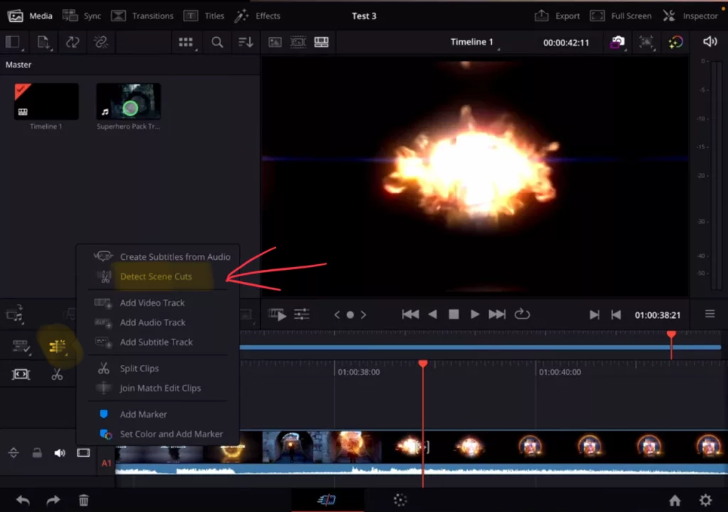Click on the icon with the advanced timeline features. And on the top you will see “Detect Scene Cuts”