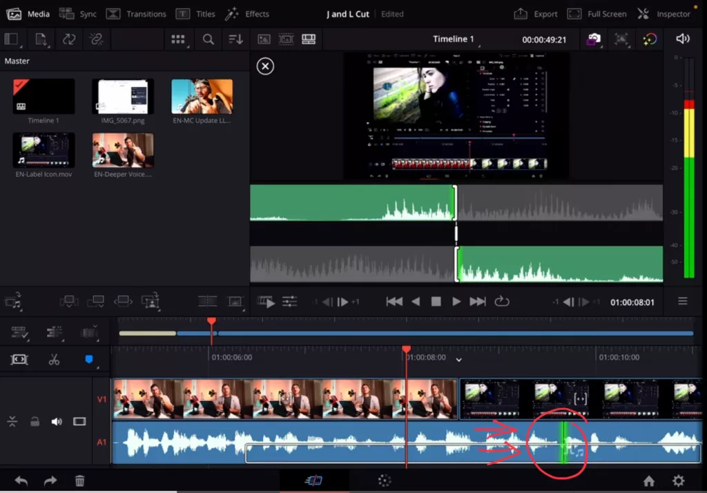 To trim just the Audio clip, click with the pencil between the Audio clips. And drag them to the left or right.