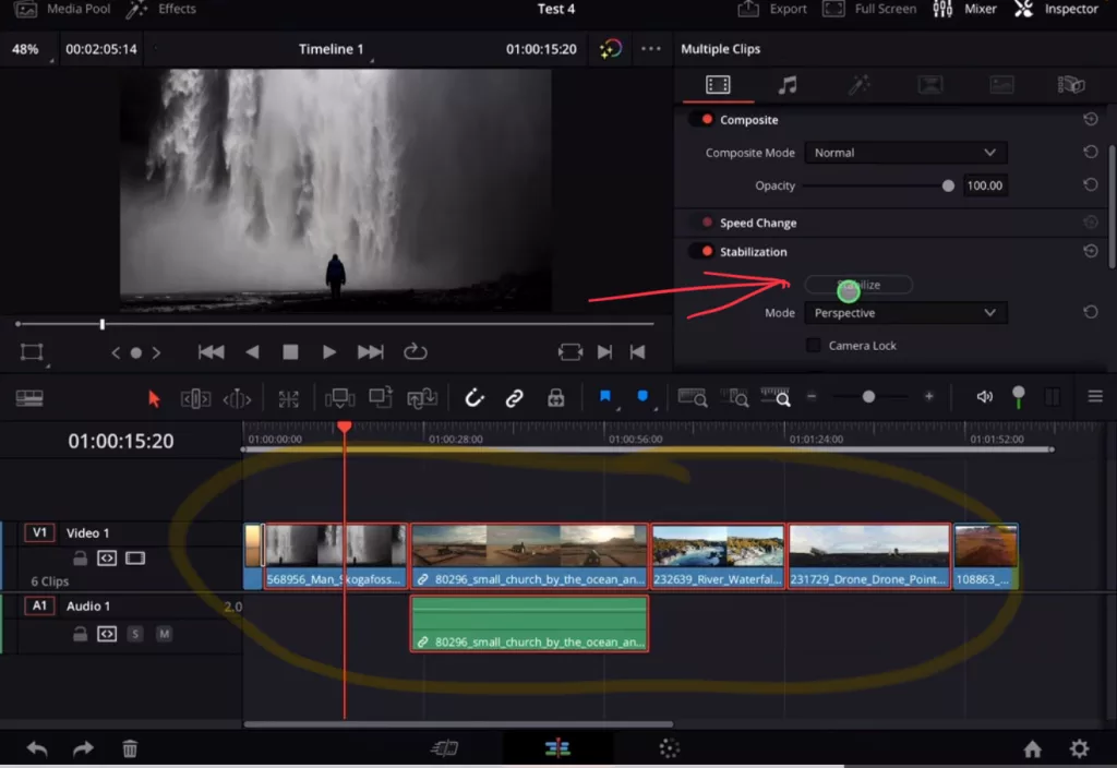 You can stabilise multiple clips all at one. Simply select all of them and click the “Stabilize” Button.