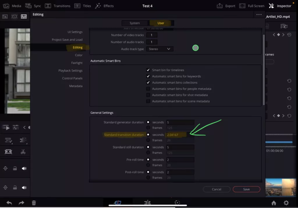 In the Preference Window under User and Edit you can change all sorts of General Settings. Like the Transition Duration or the Still Image Duration.