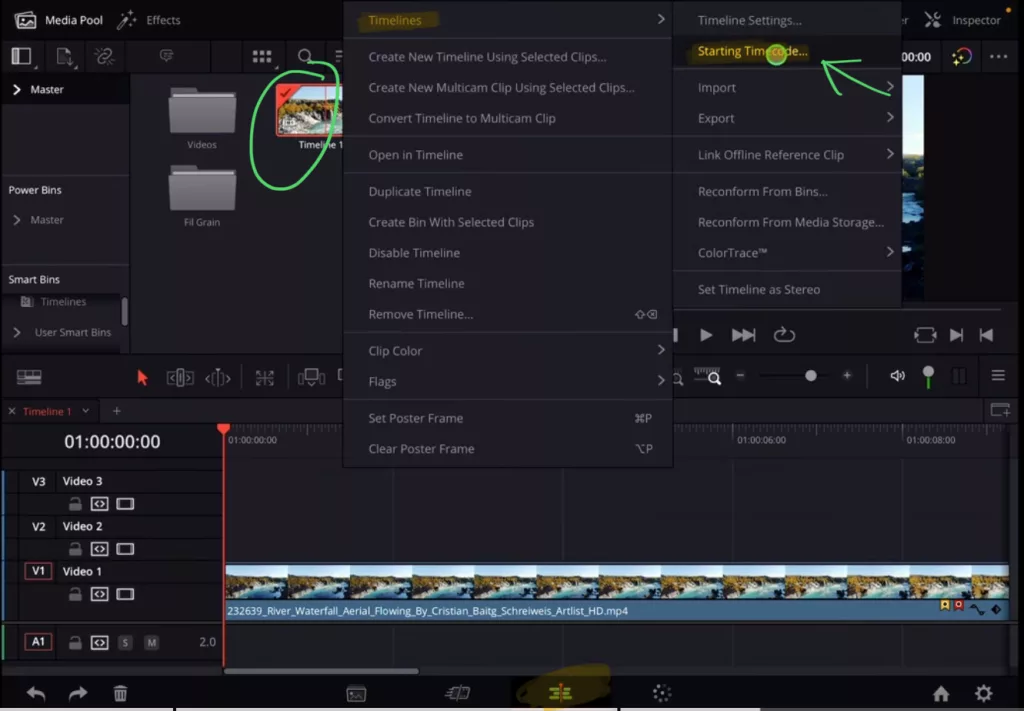 Go to the Edit Page and right click on the Timeline in the Media Pool. Go to TImelines and choose “Starting Timecode…”