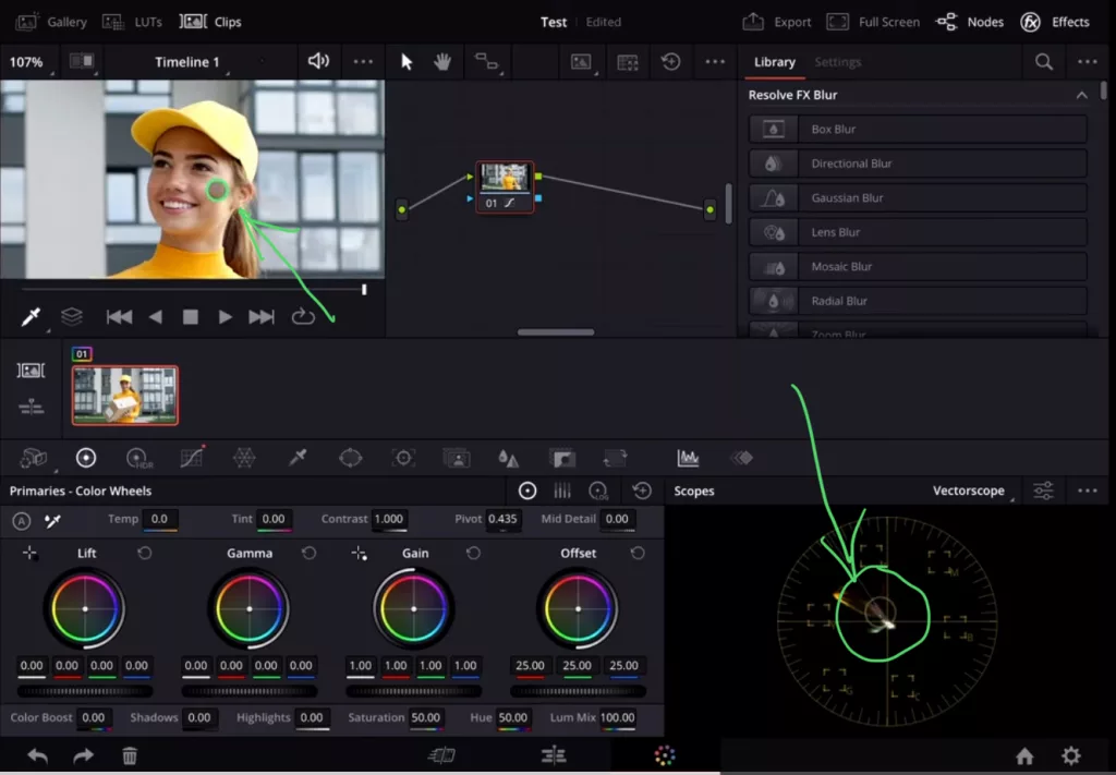 When you hover now over the Viewer you will see the pixels also highlighted in the Scopes window. This way you know exactly which pixel / area is sitting and you can do your correction accordingly.