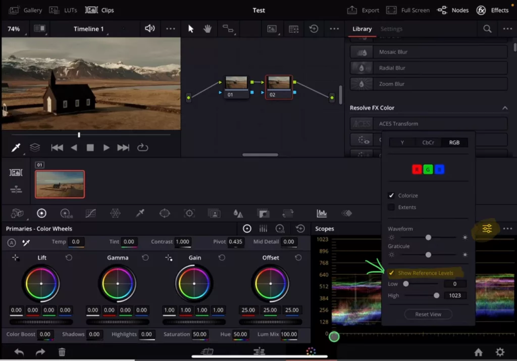 In the Scopes window click the settings icon and click the checkbox for “Show Reference Levels”.