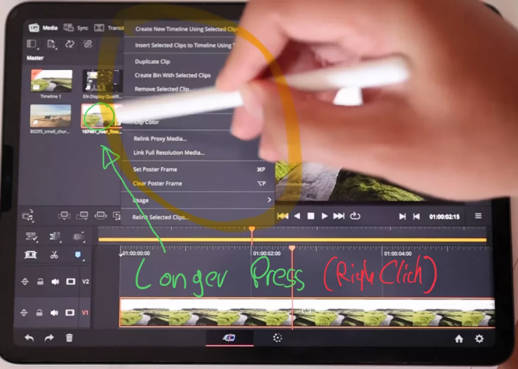 In DaVinci Resolve you can also do a right click. Just longer press with the Apple Pencil, this will do a right click. For example, if i right click on the clips in the Media Pool i will get a new window.