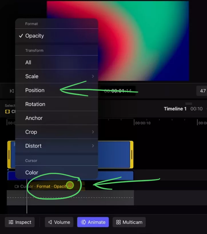 Attention: By default it will be set to Opacity. But if you want to change the Keyframes for the Position value, you have to first change the view to Position.