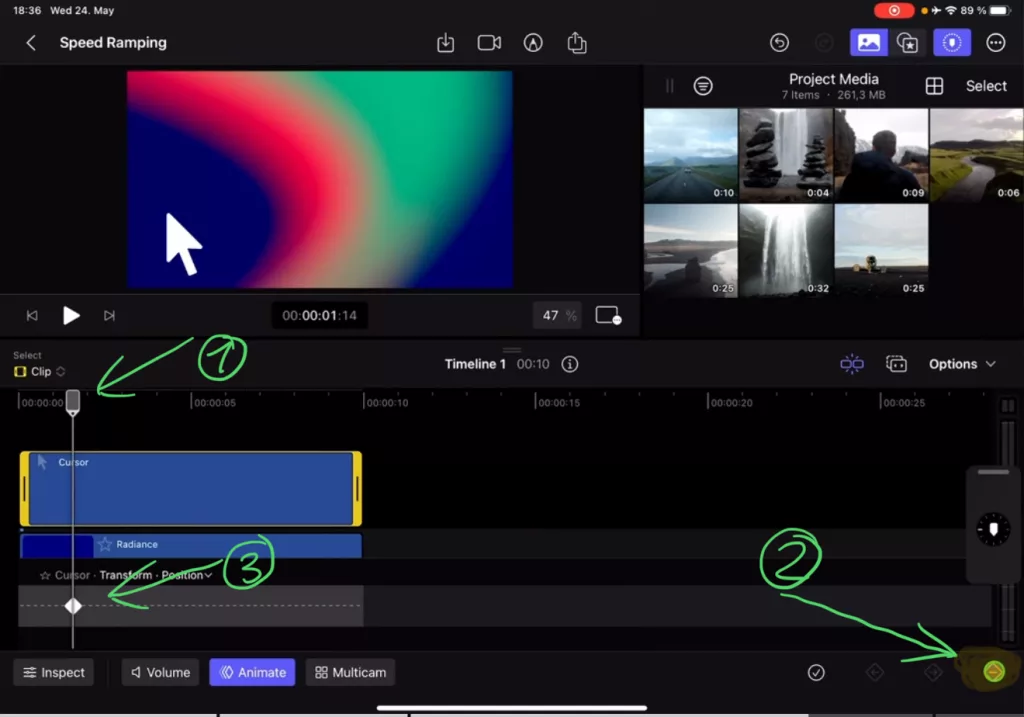 To Add our first Keyframe i place the Playhead on the Position of the Clip where the Animation should start and i make sure that my object (The Mouse Shape) is positioned where i want the animation to start. Then i click on the little “+” (Plus) Icon on the bottom right. This will create my first Keyframe.