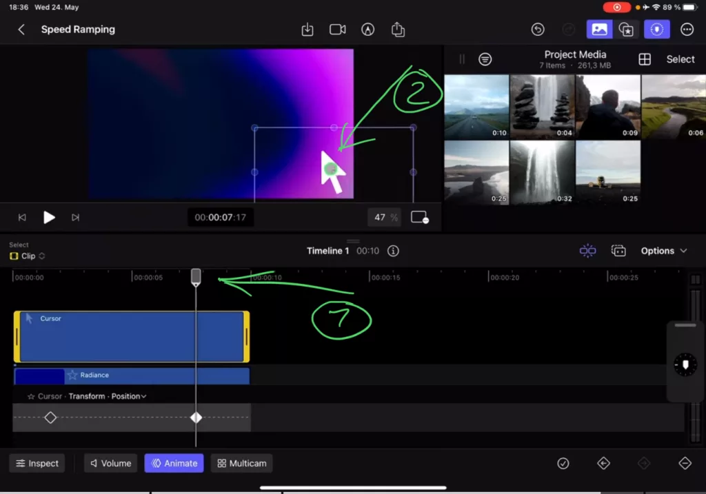 Two add my second keyframe i bring the playhead to the position on my clip where the animation should end. Then i simply use the Apple Pencil and click on the Shape in the Viewer. I move it and place it to the end position. This will automatically create a keyframe on the Position where my playhead is. This is why it’s important that you also change the Playhead position. Done.