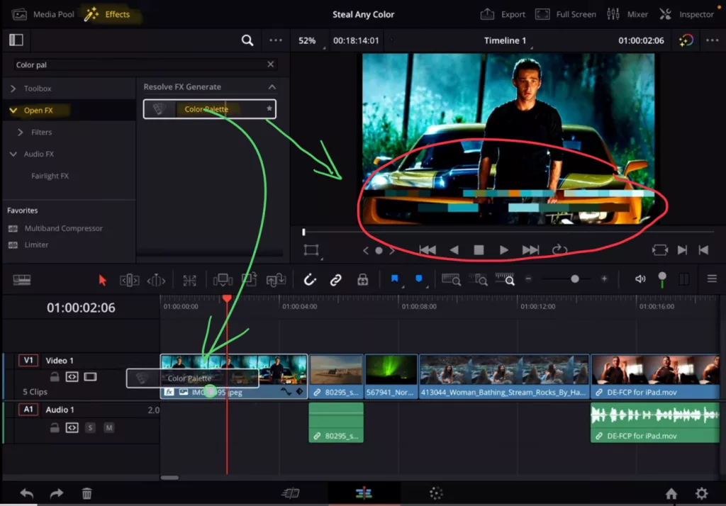 If you just want to create a Color Palatte from any Shoot (Works even with Images and Screenshots) then go to Effects and apply the “Color Palette” Effect to the Clip you want to see the Color Palette.
