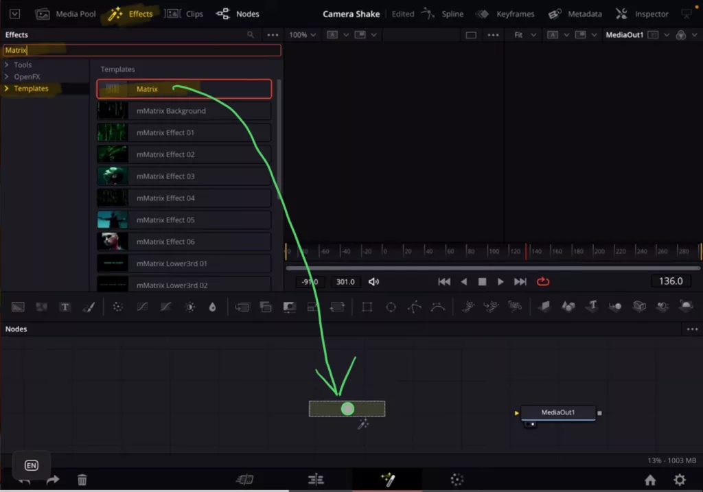 In the Effects Tab under Templates search for “Matrix” and Drag & Drop the Matrix Effect to your Timeline.