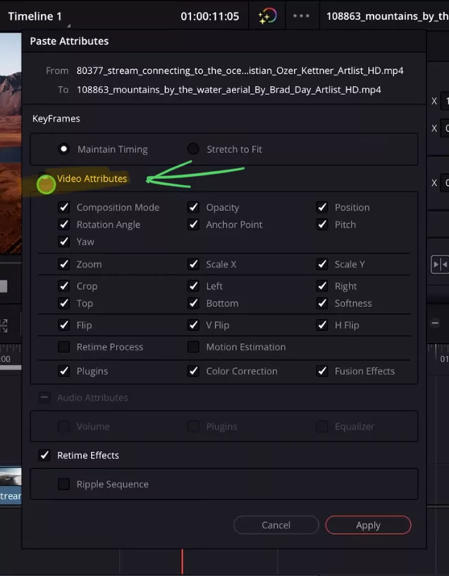 Then it will select all video attributes for you. But if you only want a specific attribute to be copied. Then select only the checkbox next to the attribute you want to copy. Done.
