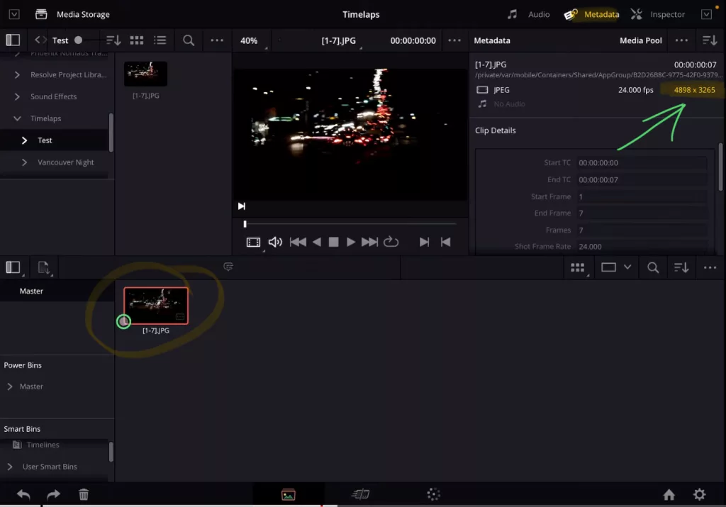 When you select the sequence clip and open the Metadata tab you see the resolution of your Timelapse.
