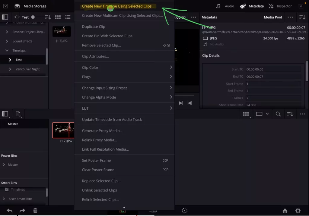 In order to preserve the Resolution, we are going to create a new Timeline from the Sequence Clip. Right click and choose “Create New Timeline Using Selected Clips…”