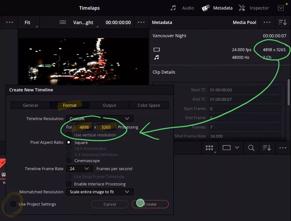 In the next window make sure to deselect the “Use Project Setting” Checkbox. Give it a name and under the tab Format change the Resolution to the Timelapse resolution.