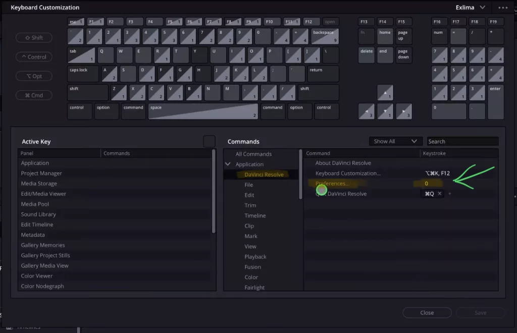 Open the Shortcuts menu and give “Preferences…” under the Category DaVinci Resolve a shortcut.