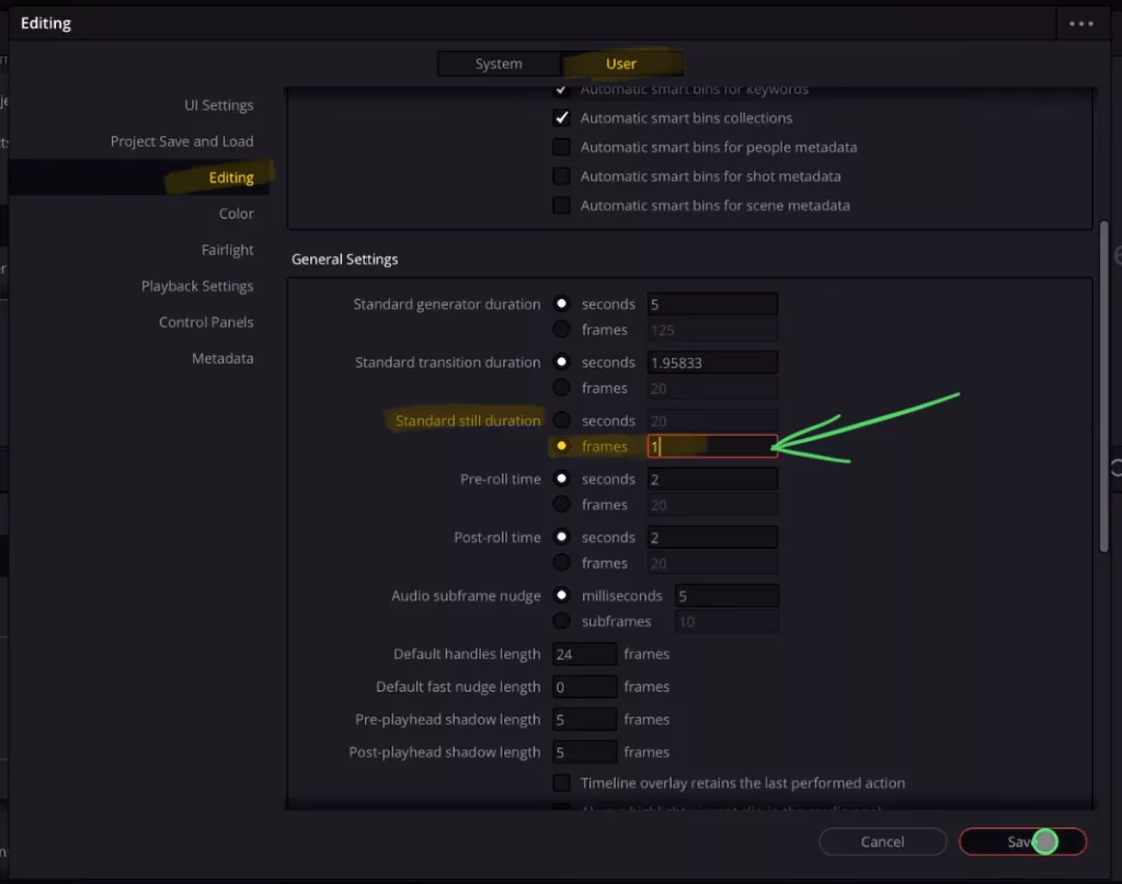Use the shortcut to open the DaVinci Resolve Preference Menu. Navigate under User to Editing and scroll down. Here you will find all sorts of default settings. Also the “Standard still duration”. Which by default is set to like 10 or 20 seconds. Change it to frames with the value 1. Because each image of our Timelapse should be 1 frame.