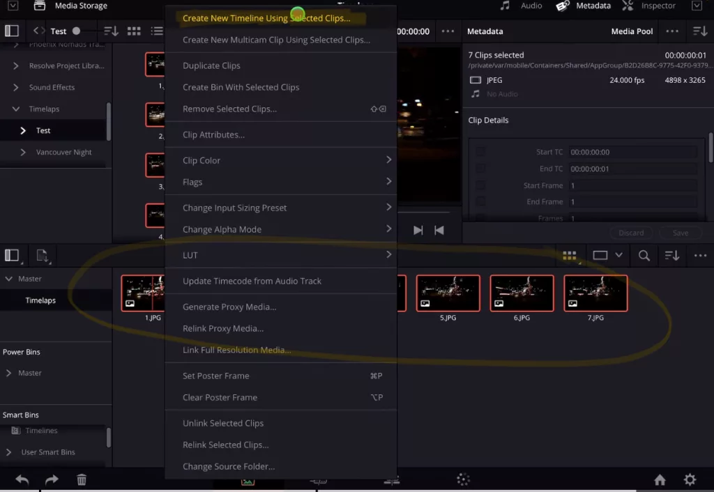 Now we are going a Timeline with the Timelapse resolution. Same like before. Select all clips and right click and choose “Create New Timeline Using Selected Clips…”.