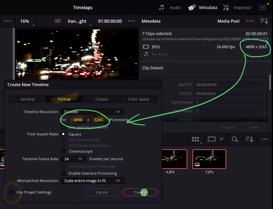 Change the Resolution to match the Timelapse resolution.