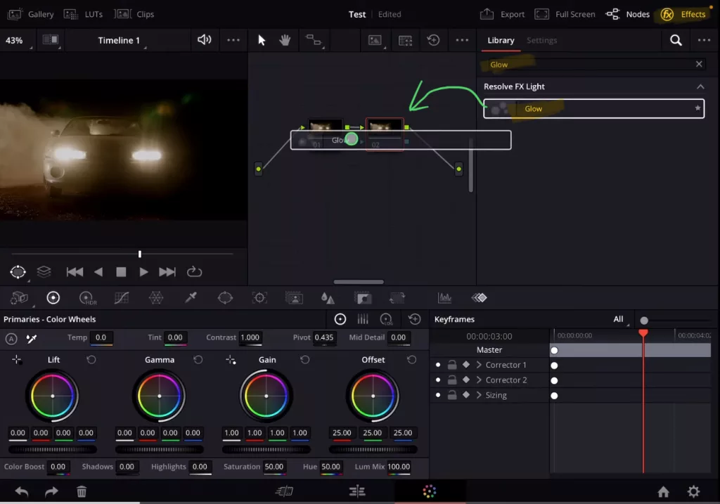 In the Effects Tab search for the “Glow” Effect and drag & drop it to the new Node.