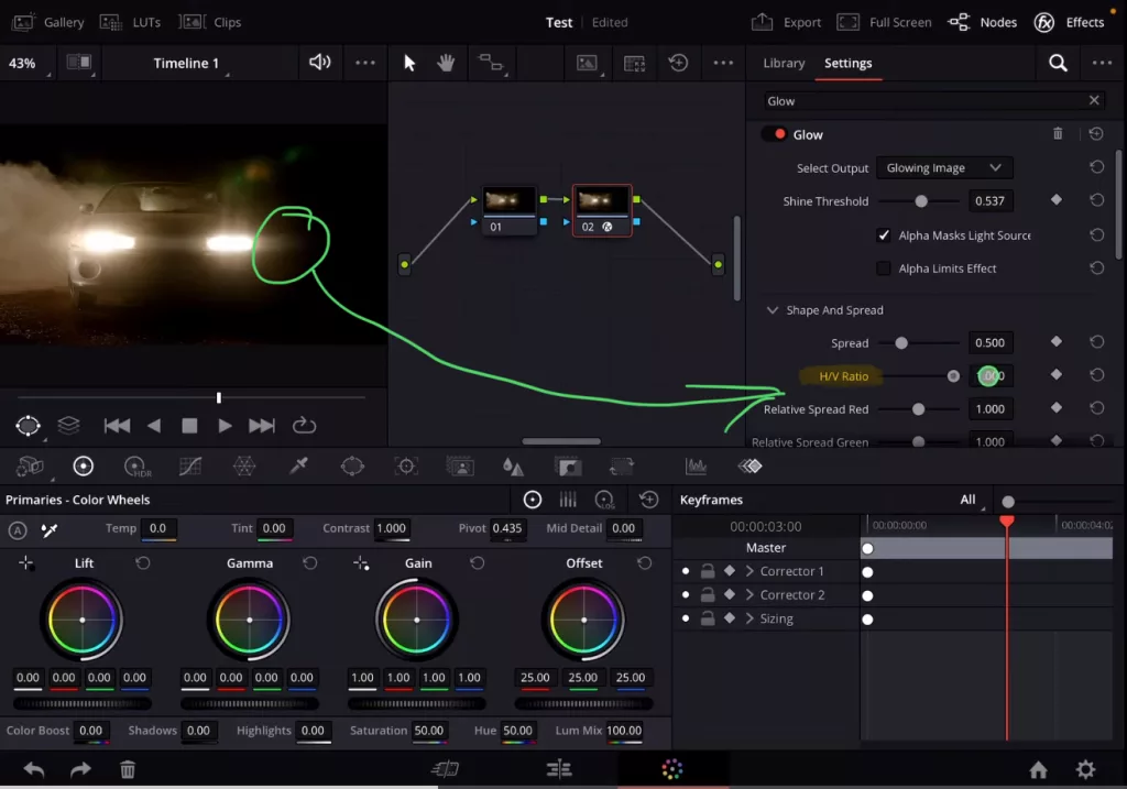 With the “H/V Ratio” Slider you can change the angle spill of the light source.