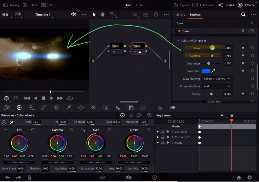 And with the “Gain” and “Gamma” sliders you can change the intensity of the blue color.