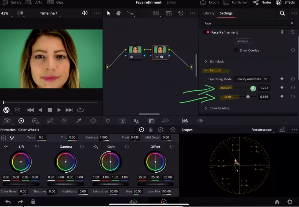 Under the category “Texture” you can change the values for Amount and Scale to make the Skin more soft. Done many times this is already enough. But this effect has a ton of more settings you can play around to do retouch of your skin.