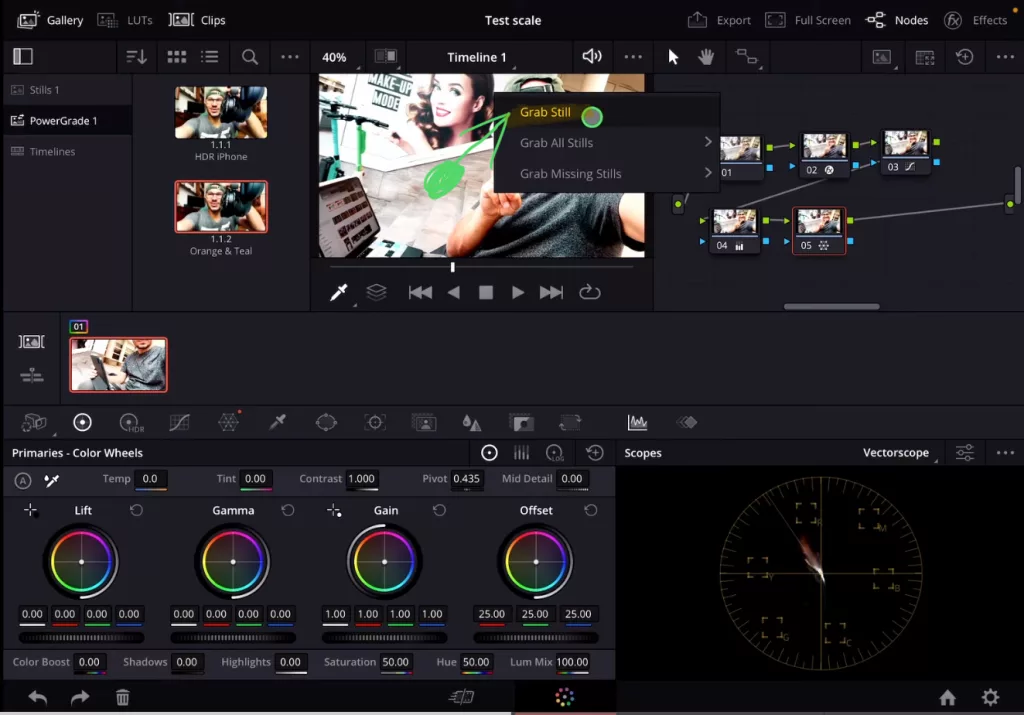 Select your Clip with the Color Grade (Node Tree) that you want to save as a Preset and right click on the viewer and “Grab Still”.