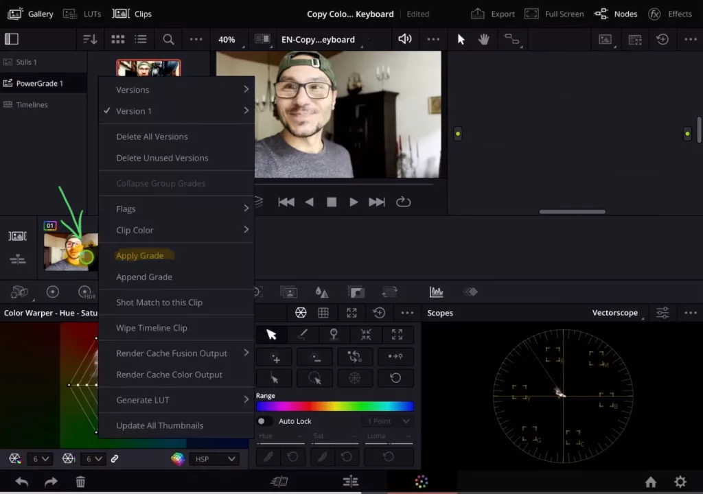 Now right click on the Clip with the color grade you want to copy. (Longer press with the Apple Pencil) And choose “Apply Grade”.