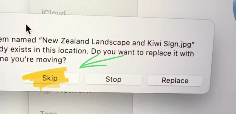 While the Pop Up Window is open hold the “Option” Key on your Keyboard and it will show you “Skip” instead of “Keep Both”.