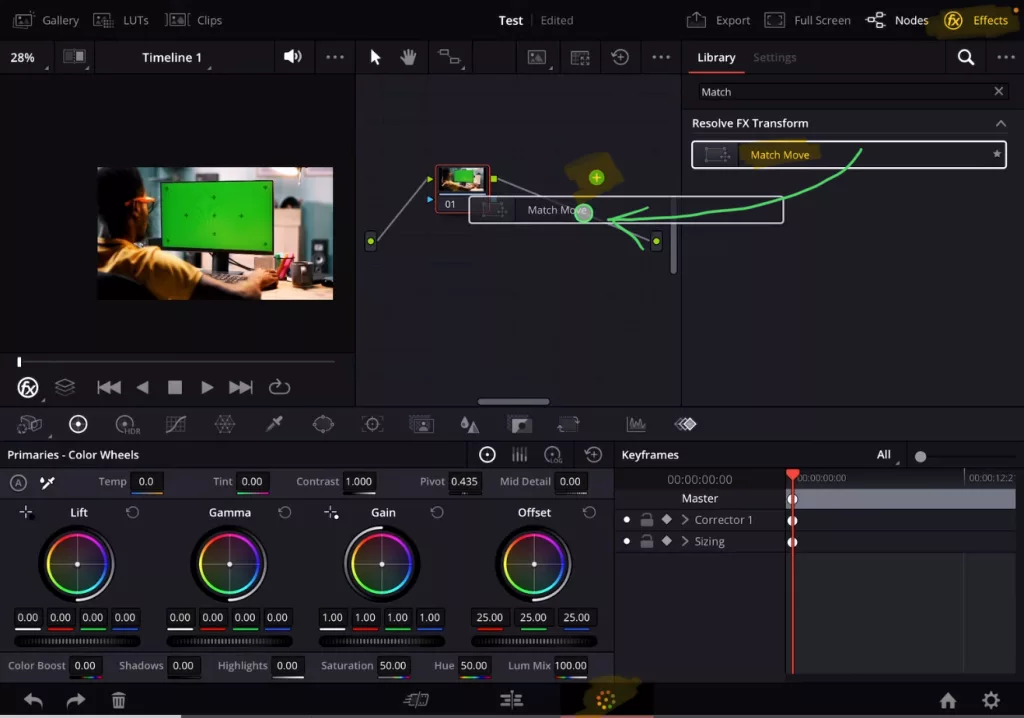 In the Effects Tab search for the “Match Move” Effect and Drag & Drop it to the Nodes window exactly onto the last line until you see the little Plus icon.