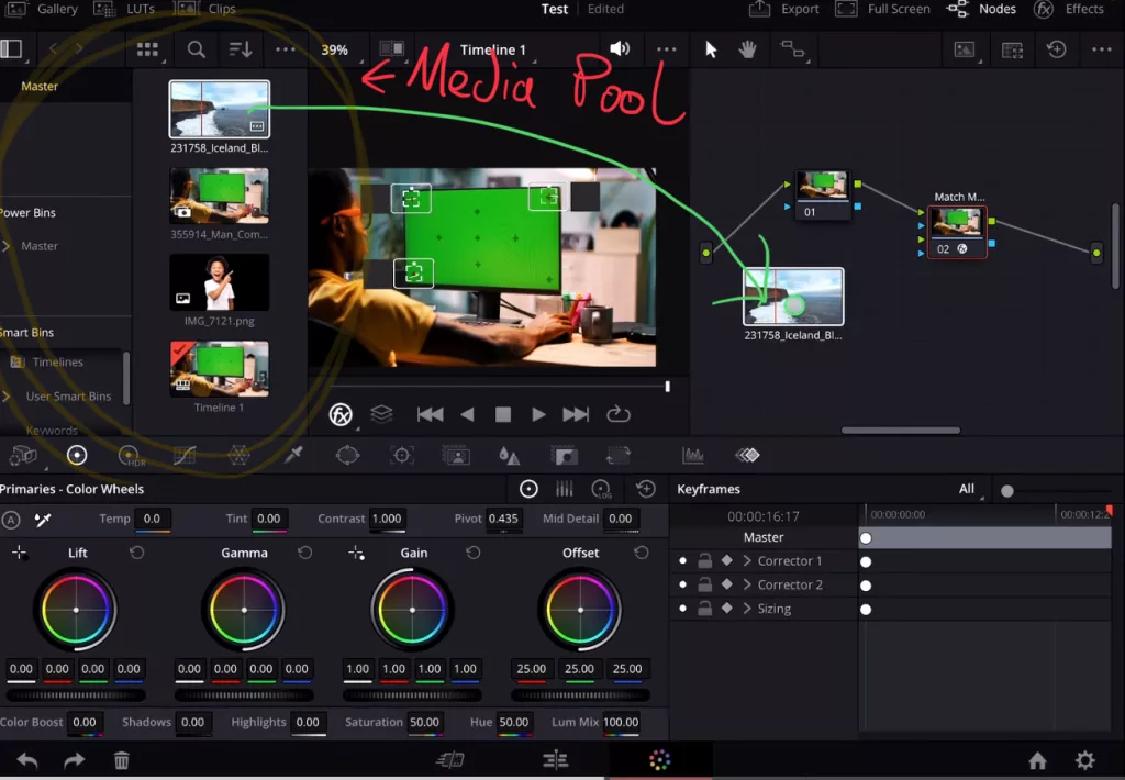 In order to work with an Object like an Background image/video or a transparent object, we first have to bring in the Media Pool. So use the Shortcut for the Media Pool that we assigned at the start of this Tutorial.