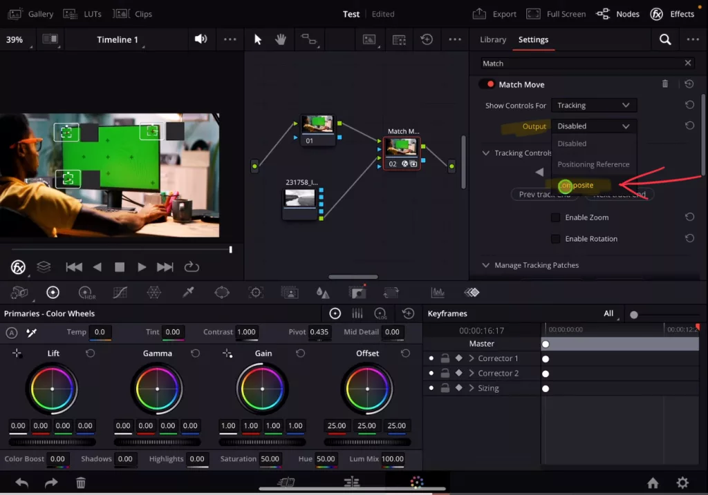 The reason we don’t see out Clip in the Viewer is because under Output we sill have “Disabled”. Change that to “Composite” and you will see the clip.