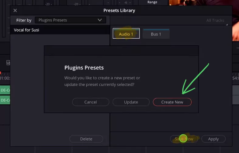 To create a Preset, select the Track you want to create a Preset from. In our case this is Audio 1, indicated with the withe outline. And now click on “Save New”. This will open this window here where you continue with “Create New”.
