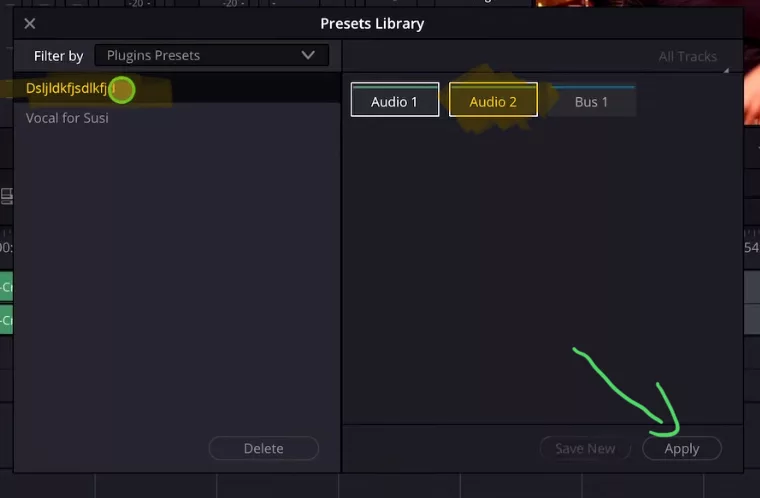 From now on you have the new Preset available in the Preset List in any Project. To apply this Preset to a Track select the Track or even multiple Tracks (indicated with the white outline) and then click on “Apply”. This will overwrite all existing settings for the Track with the Preset. So make sure you select the right Track.